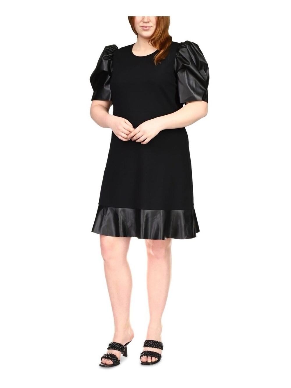 Michael Kors Black Puff Sleeve A-Line Dress with faux leather ruffle